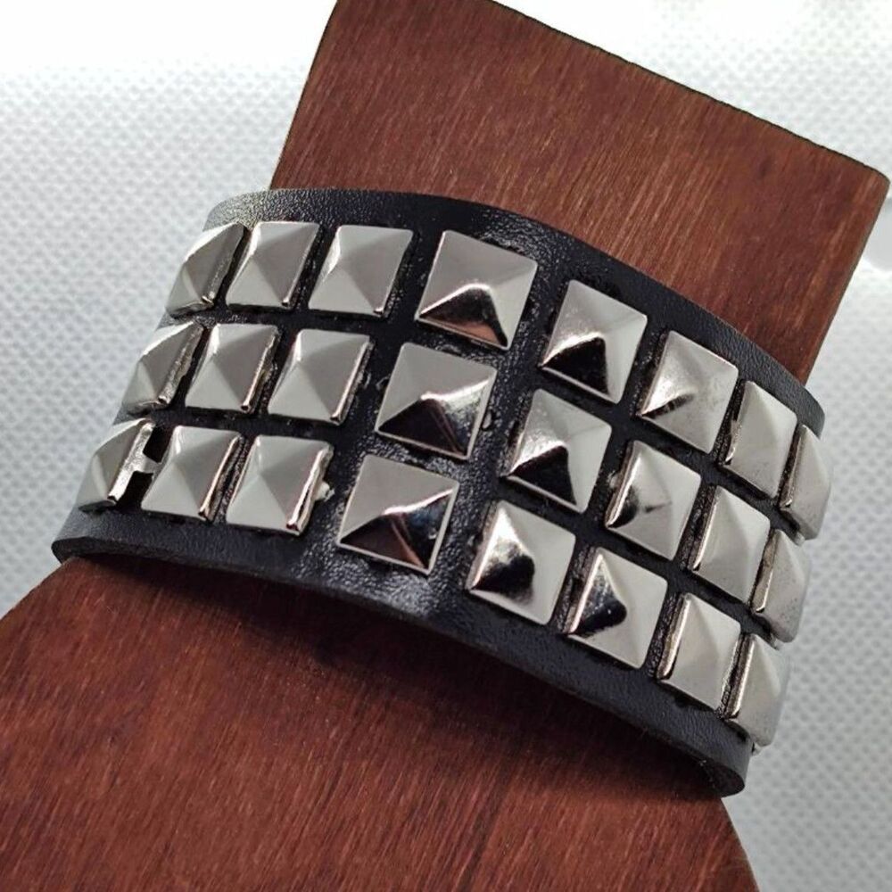 Black Faux Leather Silver Tone Metal Pyramid Stud Punk Rock Bracelet 6" - 7.25"